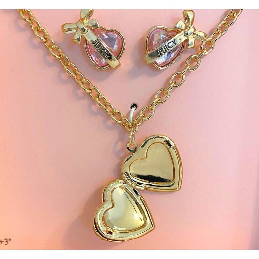 Juicy Couture Pink Gold Heart Crystal Charm Locket Necklace & Earrings Set NIB - Picture 4 of 6